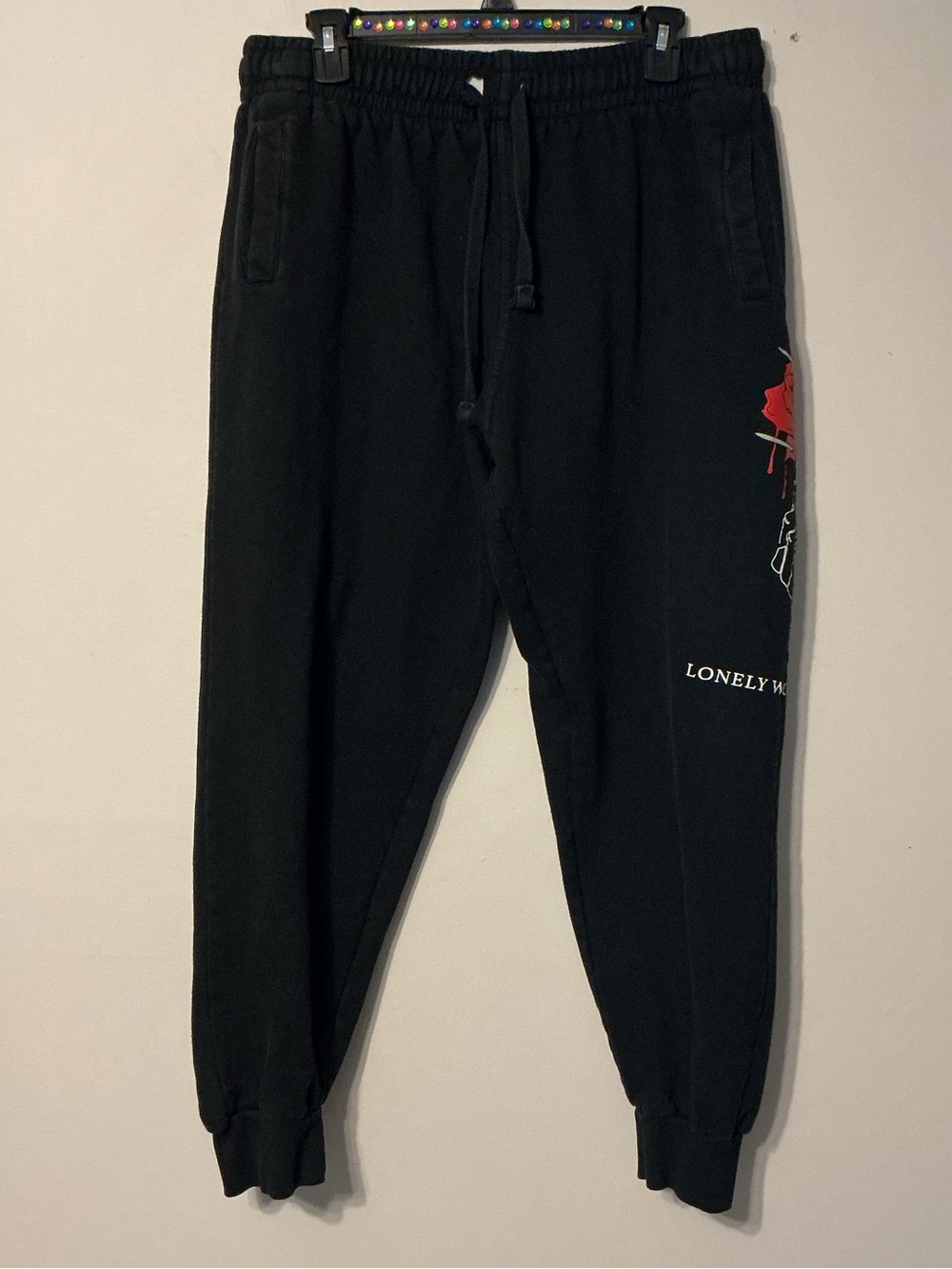 Fashion Nova Black Jogger Sweatpants with Red Rose Graphic
